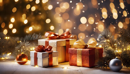 A festive arrangement of beautifully wrapped gifts surrounded by twinkling lights and holiday decorations, creating a warm, cheerful atmosphere.
