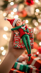 Fototapeta premium Festive holiday elf in santa hat on christmas gift for seasonal greetings and designs