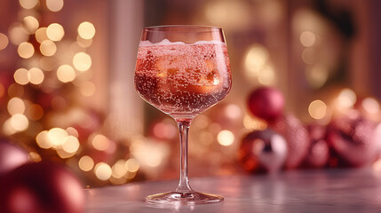 A festive drink in a glass, adorned with bubbles, set against a backdrop of sparkling holiday decorations.
