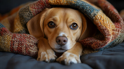 A cozy dog peeks out from under a colorful blanket, exuding warmth and comfort with gentle, expressive eyes.