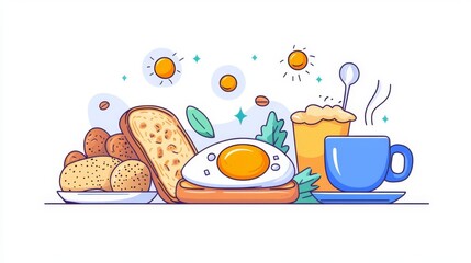 A vibrant, colorful breakfast spread featuring egg, bread, drink, and pastries, perfect for a delightful morning start.