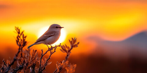 A small bird perches on a branch, silhouetted against a vibrant sunset.