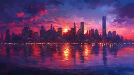 Fototapeta premium vibrant cityscape at dusk capturing illuminated skyscrapers against a twilight sky reflecting urban life and energy inviting a sense of wonder and exploration