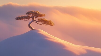 A solitary pine tree stands on a snow-covered hill at sunset, silhouetted against a vibrant pink and orange sky.