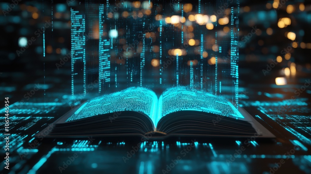 Poster digital book with data streams in glowing environment