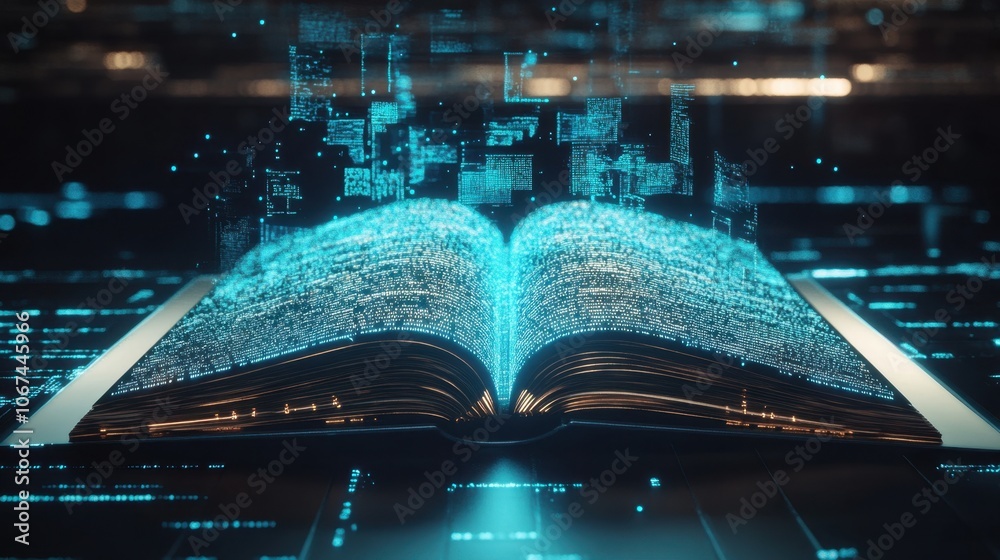 Poster open book with digital data visualization effect