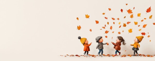 Fototapeta premium Children joyfully play together, tossing colorful autumn leaves against a light backdrop, capturing the essence of fall fun and friendship.