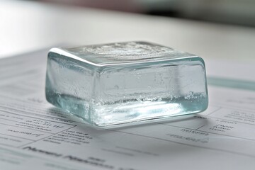 Close-up of a Clear Glass Block on a White Surface
