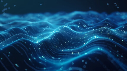 Waves of round small particles flowing smoothly in abstract design. Abstract blue wavy technology network with glowing dots. Modern background for banners, posters and social media. Selective focus