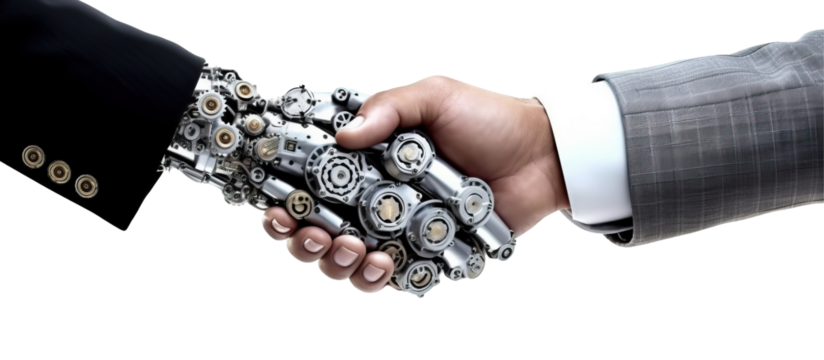 robot hand shakes human businessman hand