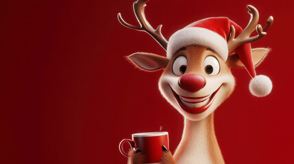 Festive cartoon reindeer with santa hat holding a cup - holiday illustration