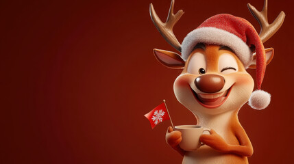 Festive cartoon reindeer with santa hat and snowflake flag for christmas design