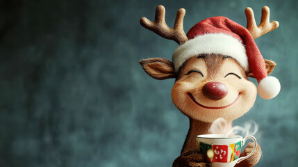 Festive cartoon reindeer smiling in santa hat with holiday mug - christmas design for cards and posters