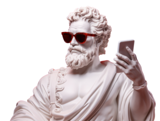 white bust statue wearing sunglasses and watch on phone