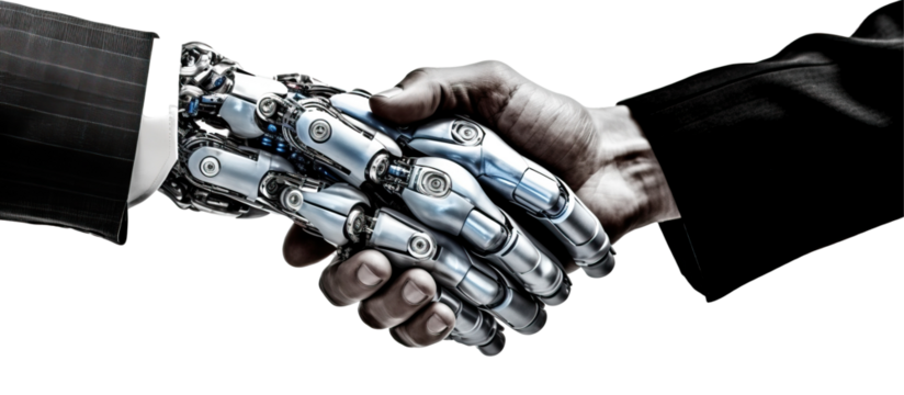 robot hand shakes human businessman hand