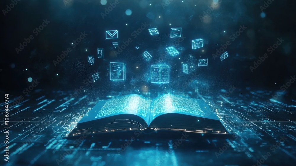 Poster Digital Book with Floating Icons and Data Streams