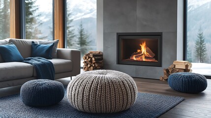 Fototapeta premium Warm and inviting living room with a grey sofa, blue pillows, and knitted poufs by the fireplace, ideal for winter nights.