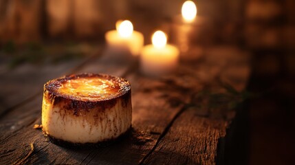 Basque Cheesecake on Rustic Table with Ambient Lighting