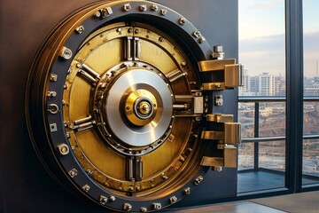 Naklejka premium Close-up of a Large Vault Door in a Modern Building