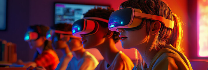 A group of teenagers in VR glasses, collaborating in a virtual project at school, sitting in a classroom environment