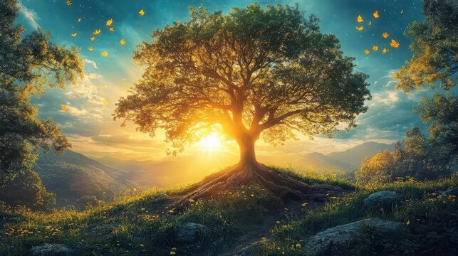 vibrant earth illustration celebrating arbor day featuring lush green trees and diverse flora swaying under a bright blue sky the sun casts warm golden rays symbolizing growth and life