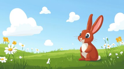 Fototapeta premium Cute Cartoon Rabbit in a Bright Meadow Scene