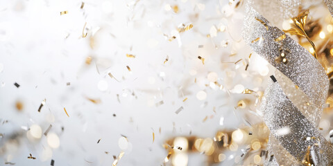 A white background with silver and gold New Year decor elements. Happy New Year design