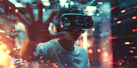 Young student wearing virtual reality glasses as if interacting with a virtual object in a classroom