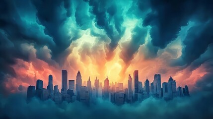 Fototapeta premium A dramatic skyline at sunset, with vibrant colors illuminating clouds and towering buildings, evoking a sense of awe and mystery.