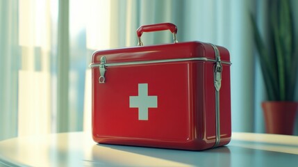 Bright Red First Aid Kit on a Table