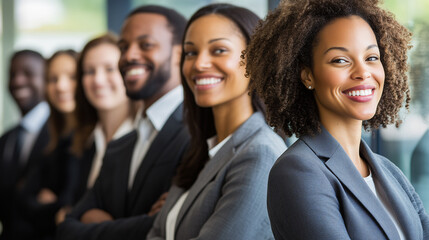 A group of diverse business professionals standing in a line, smiling at the camera