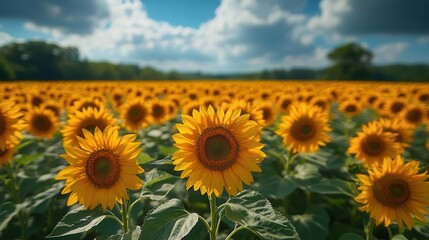 Fototapeta premium vibrant field of sunflowers stretches under a colorful sunset sky their cheerful yellow heads reaching toward the fading light creating a breathtaking scene of natural beauty and warmth