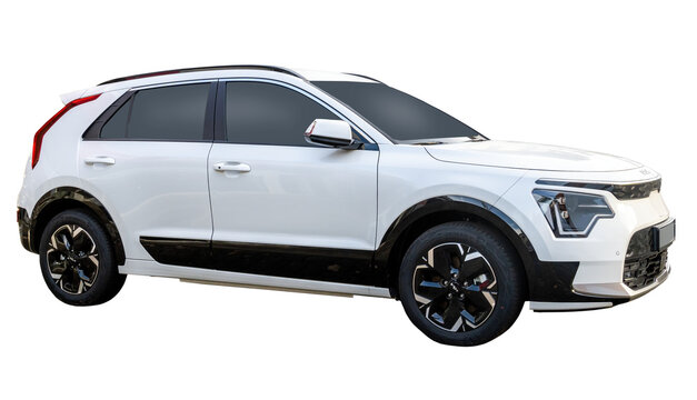 Side view of a white Kia Niro II battery electric crossover car. PNG