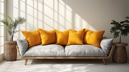 Cozy beige sofa with a vibrant yellow pillow and grey plaid, next to a rustic side table, in a modern hygge-inspired living room design.