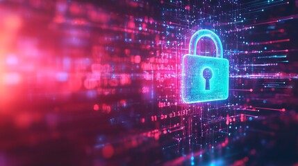 Abstract Digital Background Featuring a Padlock Symbol and Data Flow with Neon Light Effects. AI generated illustration