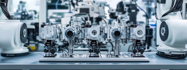 Fototapeta premium Advanced robotic machinery in a high-tech manufacturing facility during daytime operations