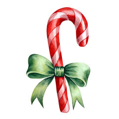 Watercolor red and white Christmas candy cane with green ribbon on white background