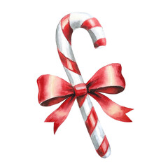Watercolor red and white Christmas candy cane with red ribbon on white background