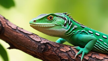 Obraz premium Close-Up Photograph of a Vibrant Green Basilisk Lizard on Tree Branch