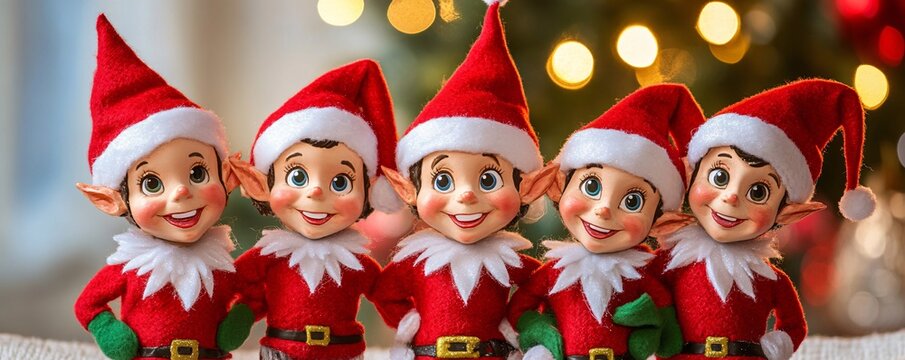 Five christmas elves smiling together in front of christmas tree lights