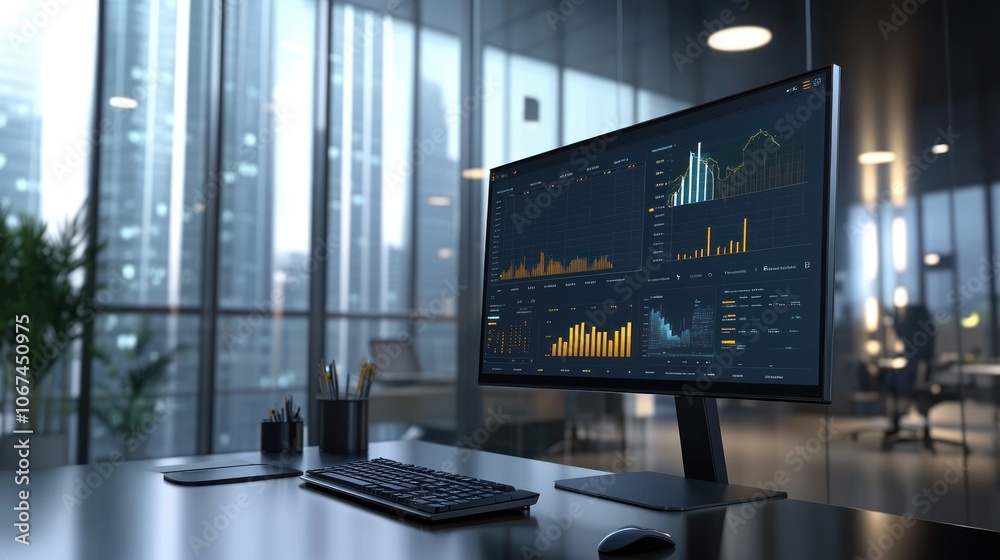 Poster modern office workspace featuring a computer displaying data analytics and graphs.