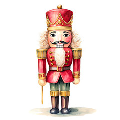 Watercolor Christmas Nutcracker, isolated on white background. Children's toy, perfect for xmas greeting cards and seasonal illustrations.