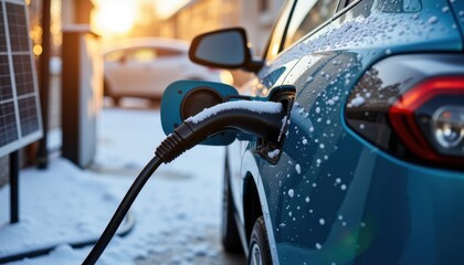 Electric car charging in snowy winter landscape at sunset