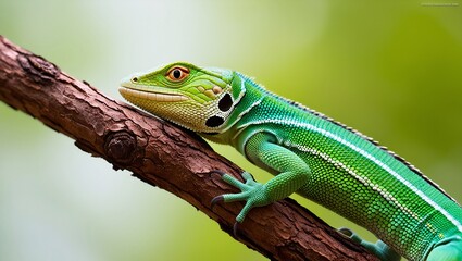 Fototapeta premium Close-Up Photograph of a Vibrant Green Basilisk Lizard on Tree Branch