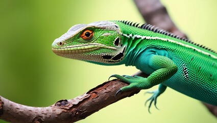 Obraz premium Close-Up Photograph of a Vibrant Green Basilisk Lizard on Tree Branch