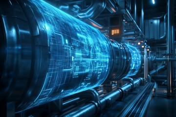Futuristic Digital Hologram of Industrial Water Pipe System. AI generated illustration