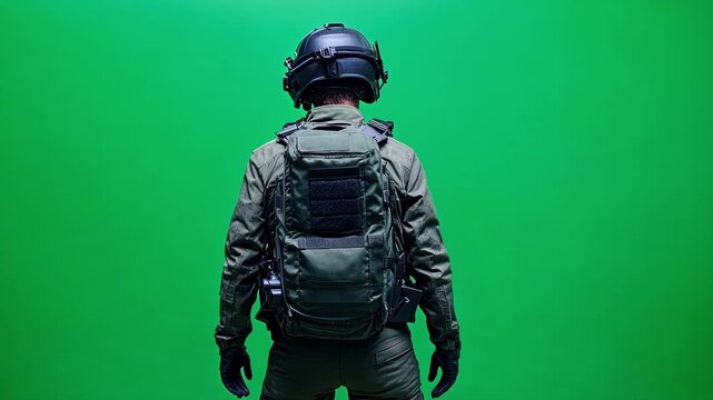 Soldier wearing a helmet and tactical gear stands with his back to the camera against a green screen background, showcasing military readiness and a strong presence