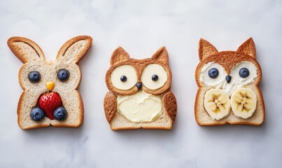 Cute animal shaped toasts with a variety of spreads butter banana strawberry and blueberry resembling a bunny owl bear and fox