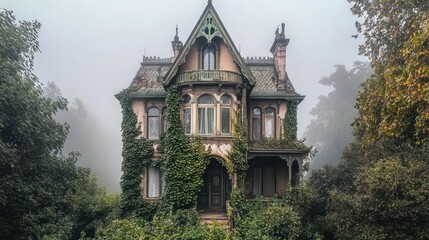 An old, abandoned Victorian house covered in vines in a foggy forest.