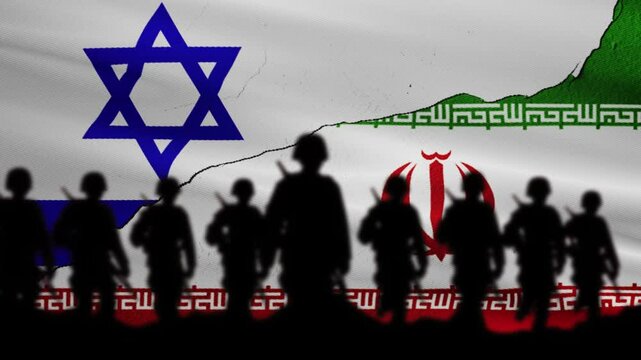 Silhouetted soldiers stand before torn flags of Israel and Iran, symbolizing tension, war, conflict, or geopolitical issues between the two nations.